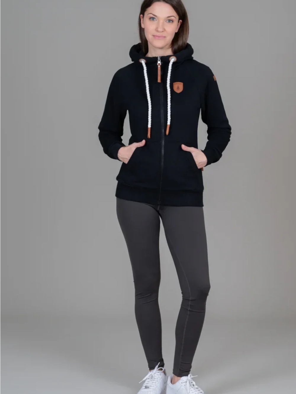 Wanakome Black Zip-Up Hoodie with White Drawcords